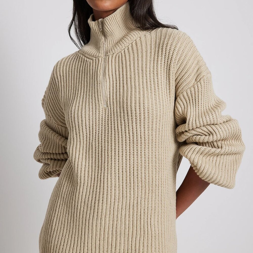 NA-KD | Tan Cozy Slouchy Oversized Neutral Chic Half Zip Knit Sweater | Size M - Picture 1 of 7
